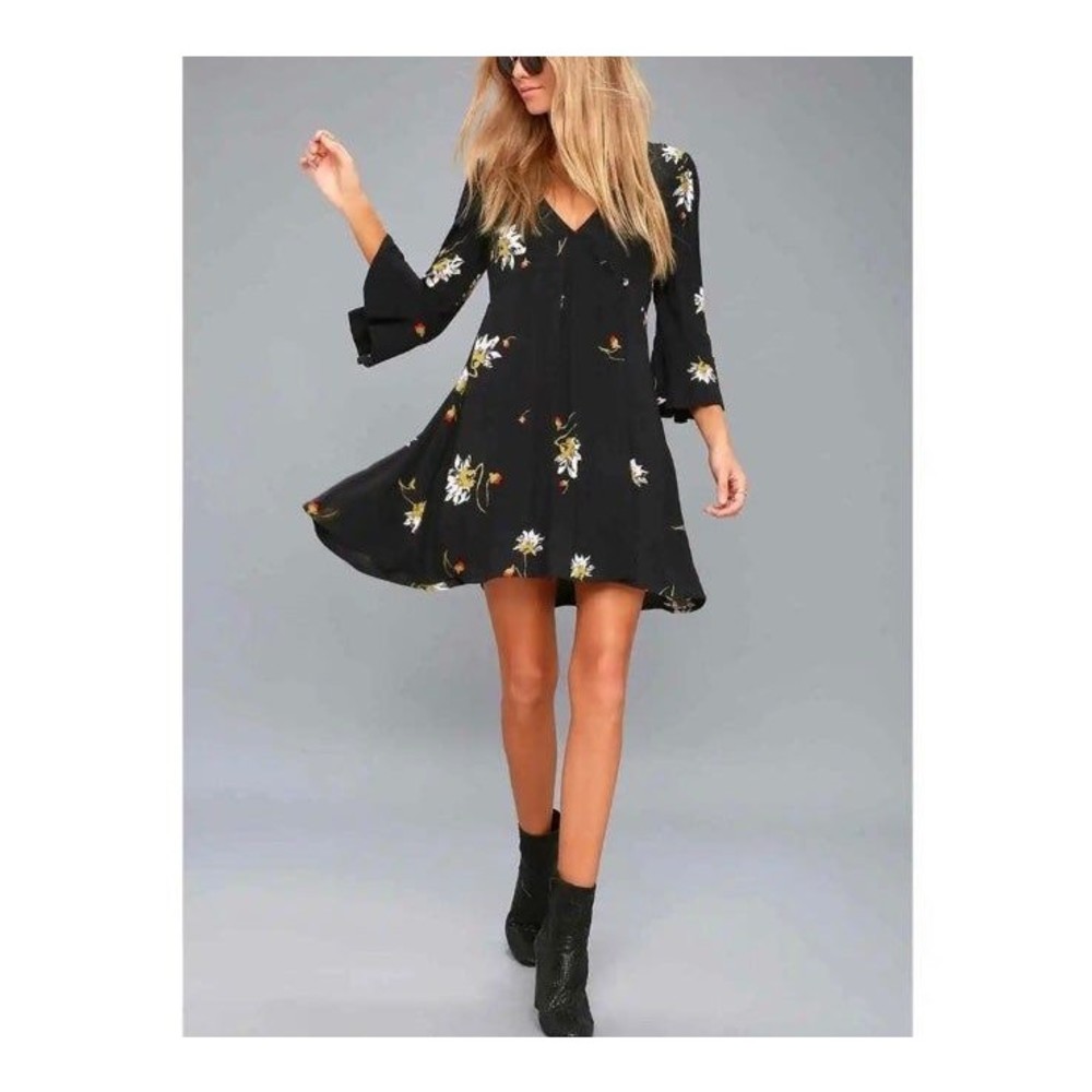 Free People Time On My Side Black Floral Print Wrap Dress Large